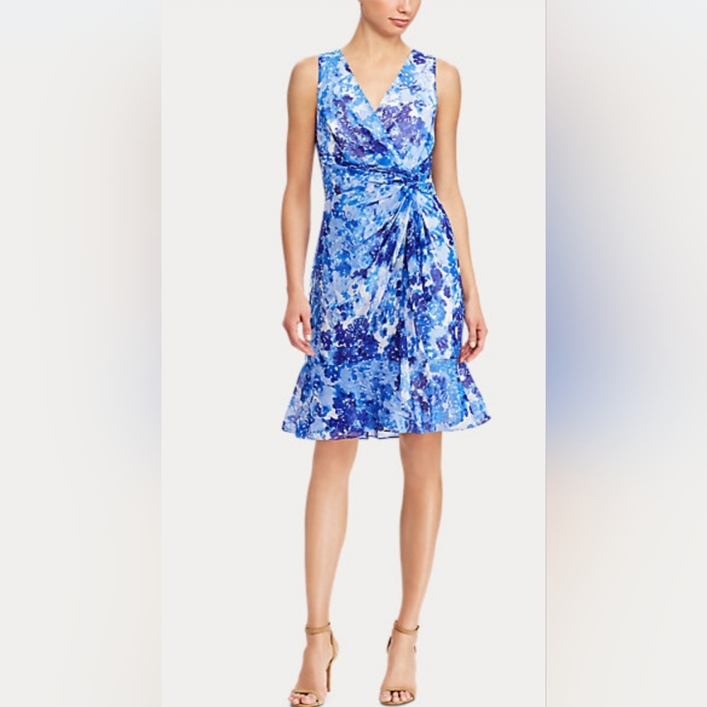 Lauren Ralph Lauren Blue Floral V-Neck Midi Dress